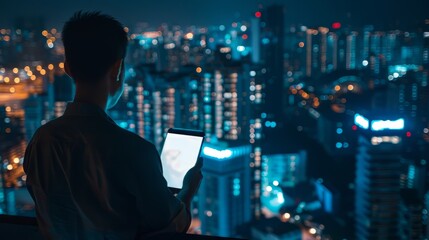 man is looking at his tablet in a big city at night.