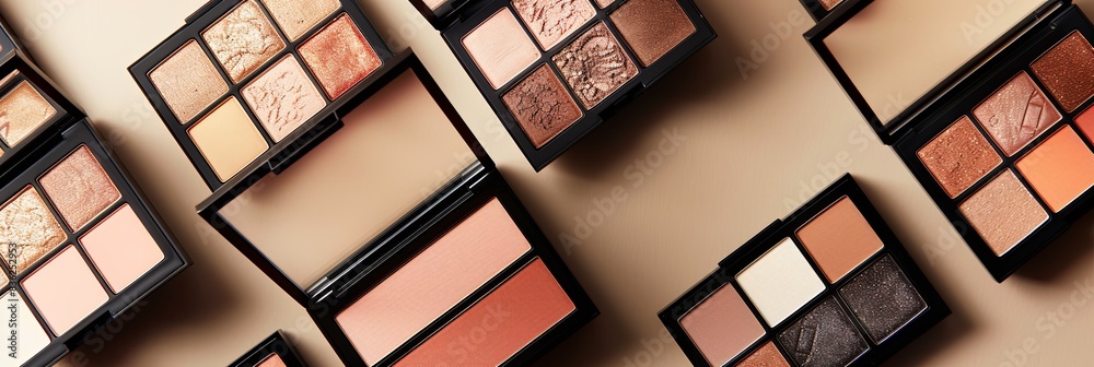 Poster an assortment of makeup palettes featuring contouring and highlighting shades arranged on a light ba
