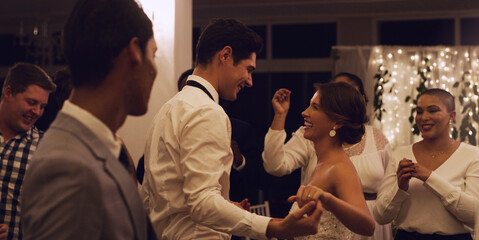 Wedding, man and woman with smile, dance and happy for commitment, celebration and ceremony for...