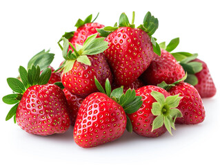  stack of strawberries with their green leaves, artistically arranged on a white background