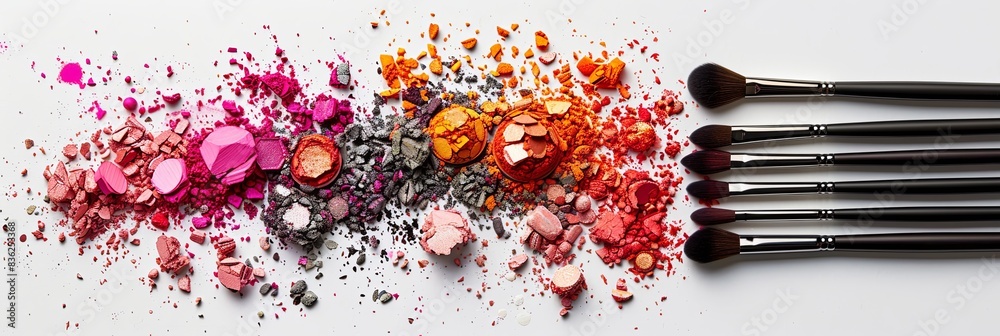 Poster a close-up view of various makeup brushes covered in vibrant eyeshadow and blush on a white backgrou