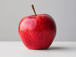 single red apple balanced on the edge of a white surface, against a white background