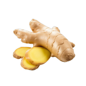 Fresh ginger root and slices isolated on white background Whole and cut ginger Natural spice and healthy ingredient in cooking Zingiber officinale