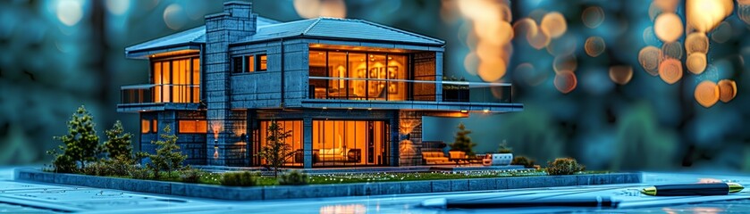 Naklejka premium Beautiful modern house with warm interior lighting, surrounded by nature, captured at dusk, ideal for architecture and real estate imagery.
