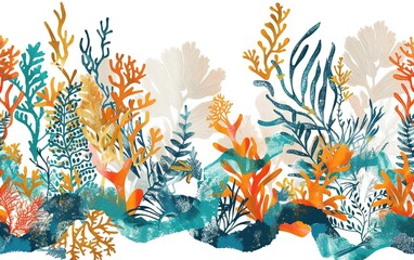 Fototapeta na wymiar Tropical modern coastal pattern clash fabric coral reef border print for summer beach textile designs 