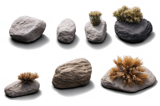 Six different rocks with dry desert plants on transparent, white background, png, depicting arid nature
