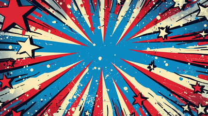 A vibrant, patriotic comic-style starburst background featuring red, white, and blue colors with dynamic stars and splashes.