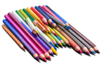 Fototapeta premium A colorful array of sharpened pencils arranged diagonally on a transparent, white background, perfect for PNG