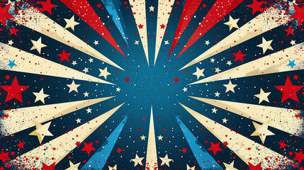 Dynamic illustration featuring a patriotic starburst pattern with red, white, and blue stars and splatter effects, perfect for American celebrations and holidays.