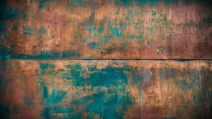 Obraz premium A weathered sheet of copper with a rich, earthy texture has aged and oxidized, developing a patina of blues, greens, and browns. The surface is uneven, with subtle bumps, pits, and streaks 