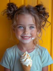 Naklejka premium Girl blonde hair styled in buns, wearing pink shirt holding double scoop ice cream cone, smiling