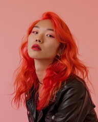 Naklejka premium Transgender woman bright red hair, posing confidently against soft pink studio background