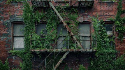 A brick building with a rusty metal door and a ladder