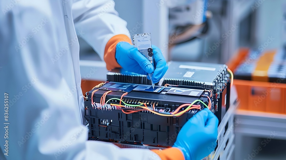 Wall mural technician inspecting lithium-ion battery in high-tech lab