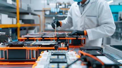 Technician Inspecting Lithium-Ion Battery in High-Tech Lab