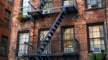 A brick building with a fire escape ladder on the side