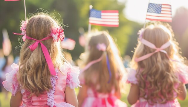 Magic and Independence, fairy dresses, pink dresses, little girls, waving flags, holiday spirit 
