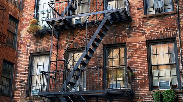 A brick building with a fire escape ladder on the side