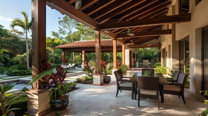 An open-air patio with cedar beams blends into tropical surroundings, creating a space for relaxation.