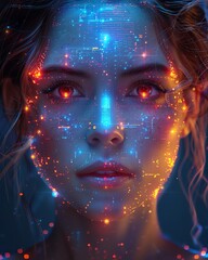 Futuristic digital portrait of a woman with glowing circuit patterns and vibrant neon lights, symbolizing technology and artificial intelligence.