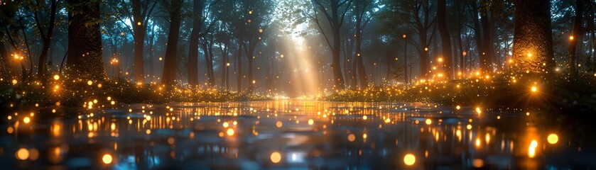 Magical woodland scene illuminated by glowing fireflies and soft sunlight, creating an enchanting and mystical atmosphere in a serene forest.