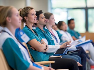 doctor teaching on a seminar at convention center, medical team sitting and listening presenter