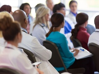 doctor teaching on a seminar at convention center, medical team sitting and listening presenter