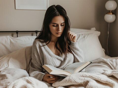 young woman reading book in bed at night cozy home