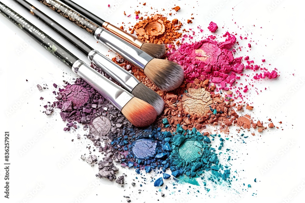 Poster a collection of makeup brushes with colorful eyeshadow and blush on a white background. generative a