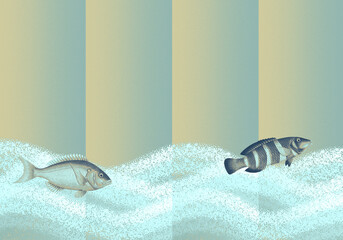 波に魚　和モダン屏風背景イラストブルー系