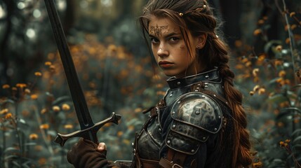 Beautiful woman medieval warrior standing ready for battle wallpaper AI generated image
