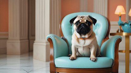 Creative Armchair Dog on a leaving room background, AI generated.
