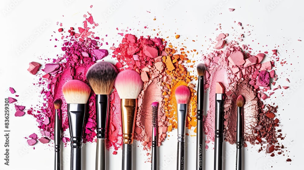 Aufkleber a close-up image of colorful makeup brushes covered in vibrant eyeshadow and blush. generative ai