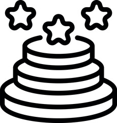 Black and white line art illustration of a threetiered cake with star decorations on top