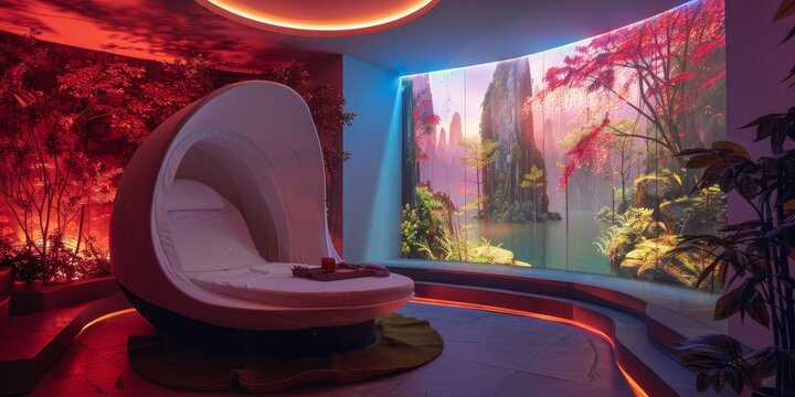 A relaxation pod with immersive audio and visual technology that transports you generated by AI