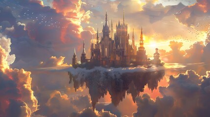 A majestic floating castle in the sky surrounded by clouds and mythical beasts, with vibrant hues of sunrise