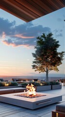 Fototapeta premium A rooftop lounge with smart fire pits that adjust flames and temperature generated by AI