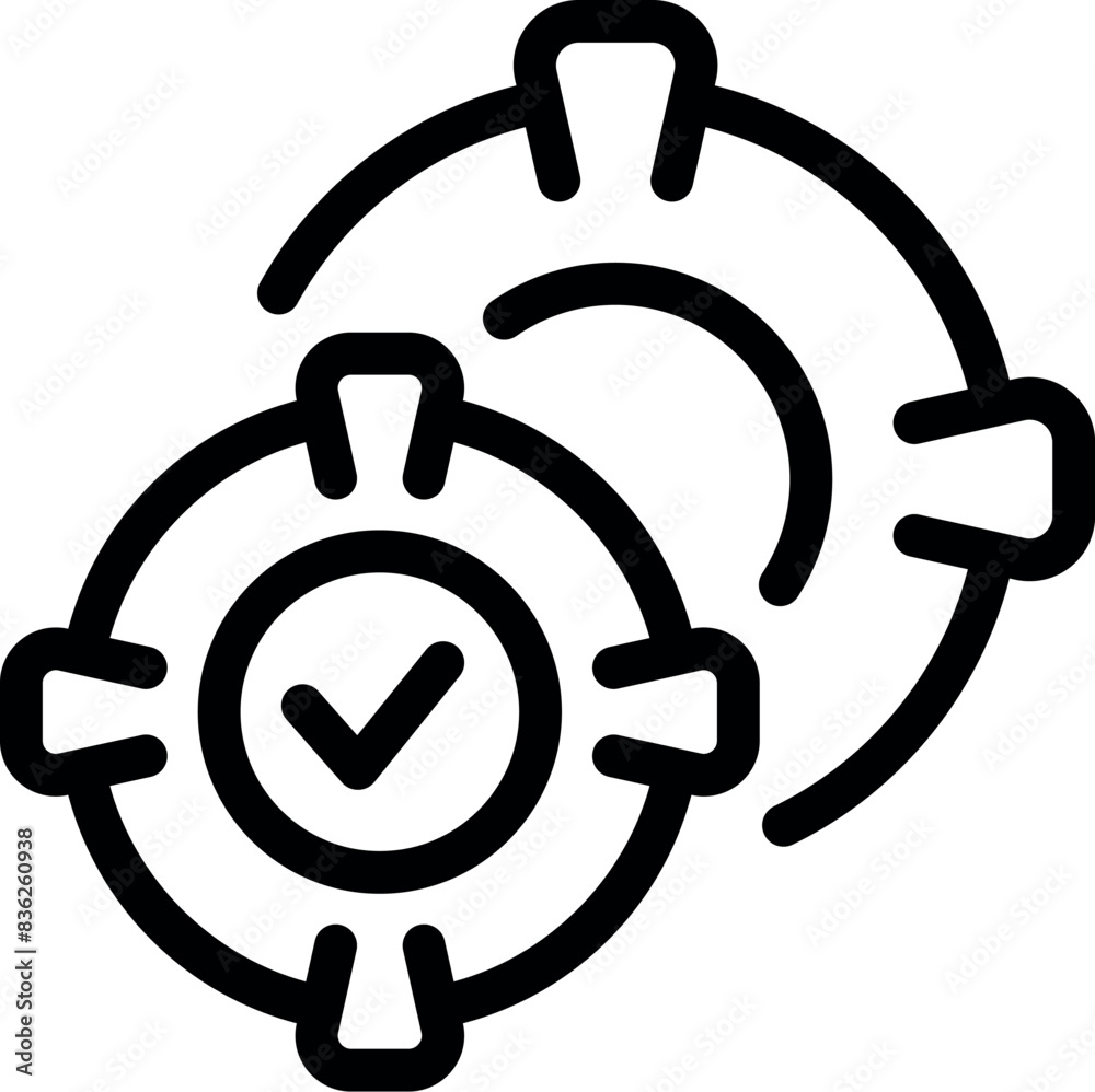 Poster black line art of two overlapping clocks with a check mark, symbolizing efficient time management