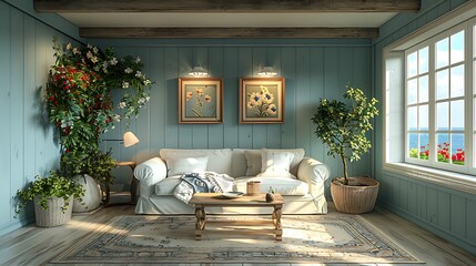 A cozy cottage-style living room with white and light blue walls, decorated with floral accents and a wooden coffee table.