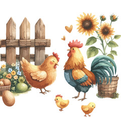 Chicken watercolor illustration. Happy family. Illustration for greeting cards, printing and other design projects.