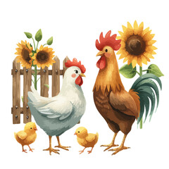 Chicken watercolor illustration. Happy family. Illustration for greeting cards, printing and other design projects.