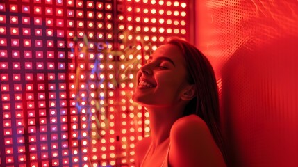 Young Woman Smiling Getting Red Light Therapy (Generative AI)