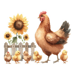 Chicken watercolor illustration. Happy family. Illustration for greeting cards, printing and other design projects.