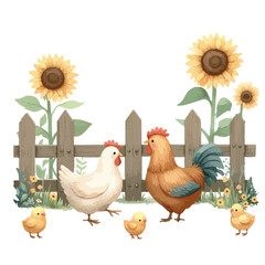 Chicken watercolor illustration. Happy family. Illustration for greeting cards, printing and other design projects.