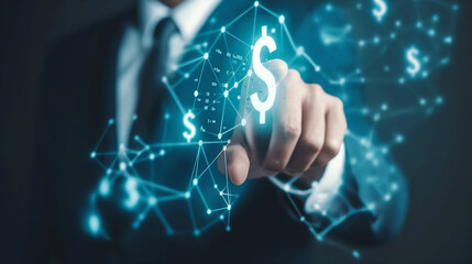 Businessman Pointing at Dollar Currency Icon Representing Financial Technology (Fin-tech) and Online Transactions for E-commerce and Internet Investment