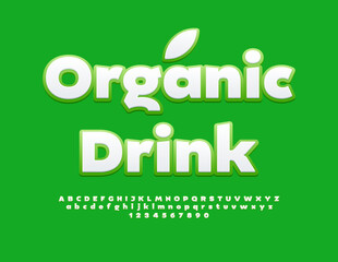 Vector healthy concept Organic Drink. Pure White and Green Font. Artistic Alphabet Letters and Numbers set.