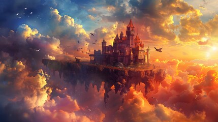 Fototapeta premium A majestic floating castle in the sky surrounded by clouds and mythical beasts, with vibrant hues of sunrise