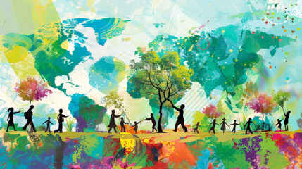 Cultures United in Green Action - Digital Artwork of Diverse People Planting Trees for Global Environmental Unity