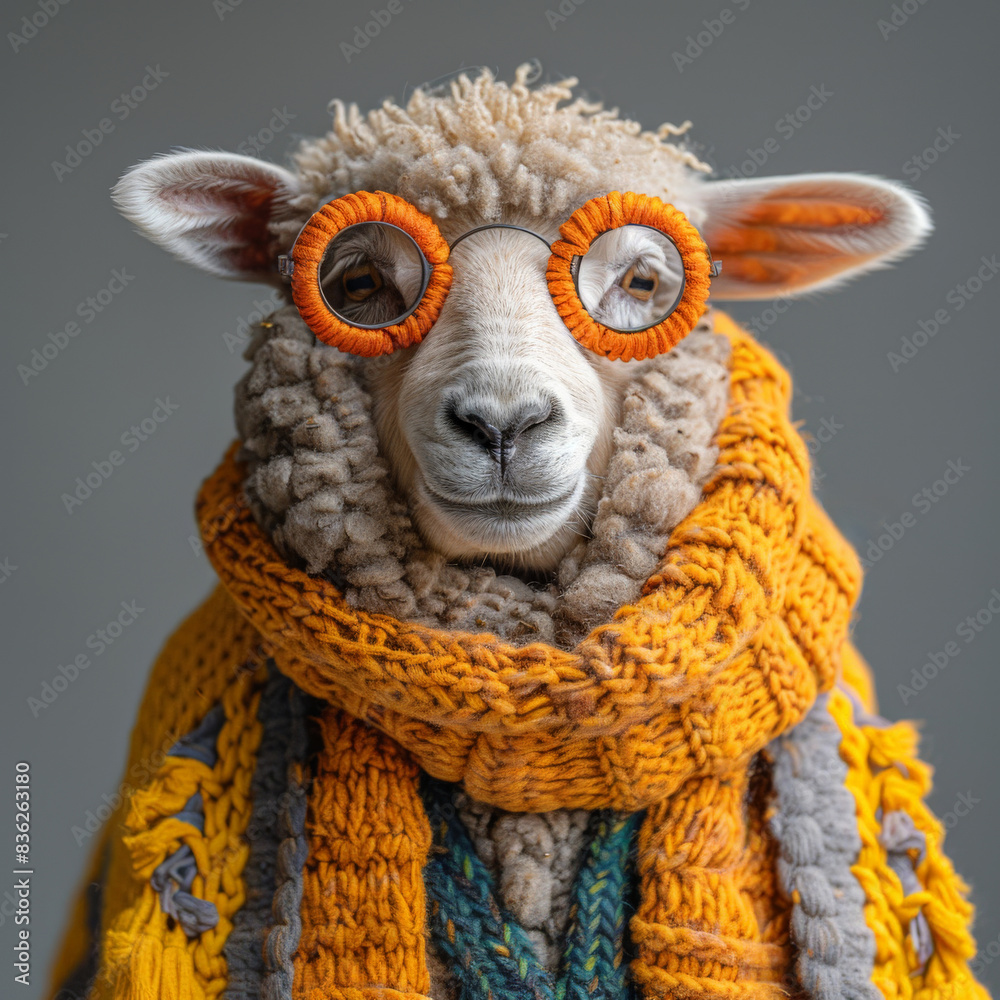 Poster Sheep elegant graduation outfit, knitted accessories, hat background. Graduate achievement concept - Posters