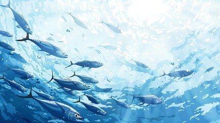 A school of fish swims in a bright, sunlit ocean. The water is clear and blue. The fish are in a tight formation, moving together as one.